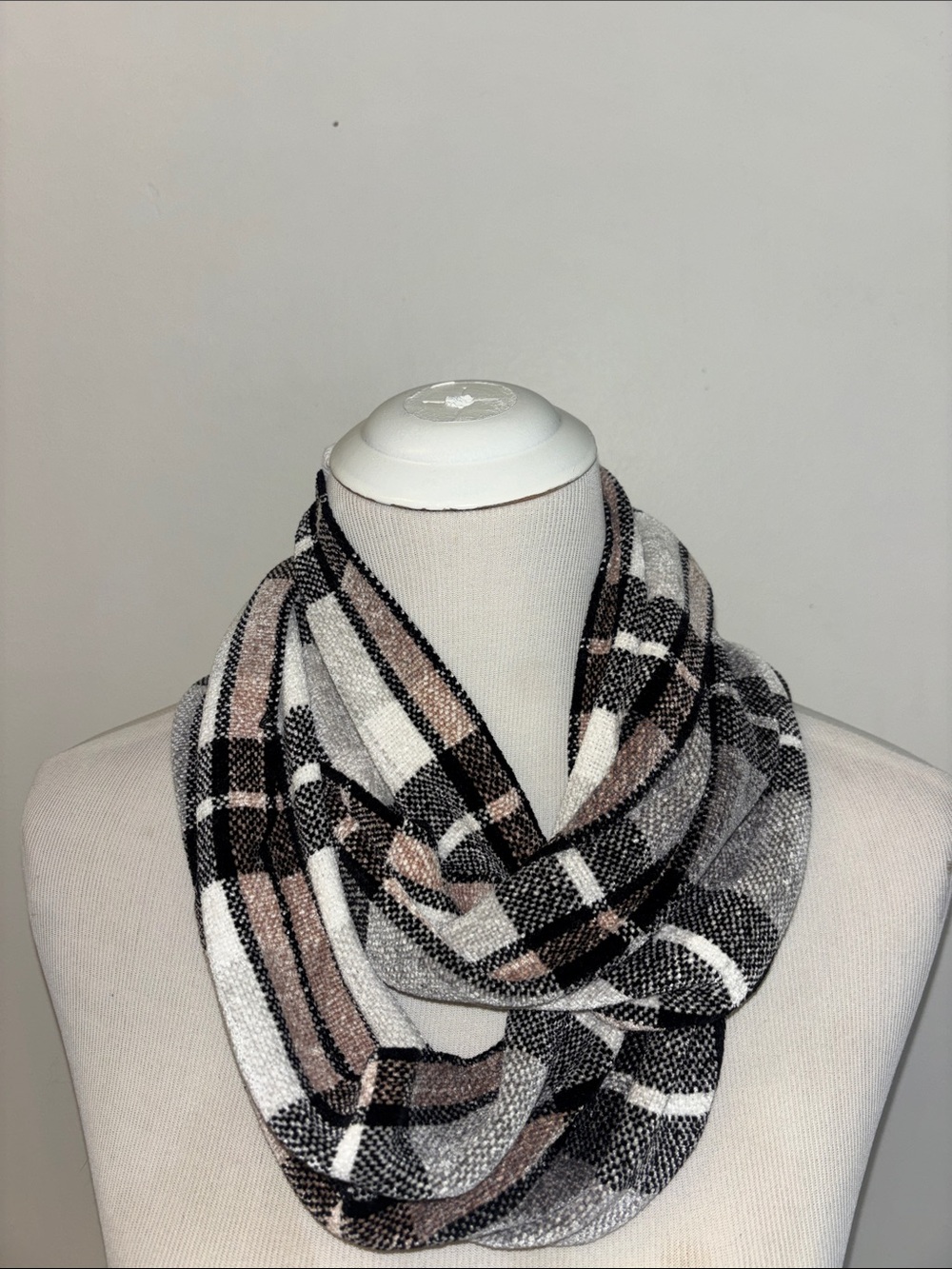 Plaid Infinity Scarf in Black, White & Blush